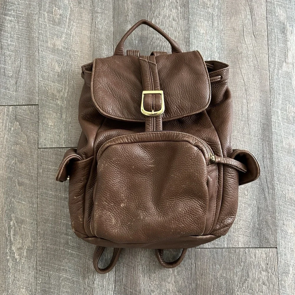 Handmade Genuine Leather Drawstring Backpack Brown Vintage Multi Pocket